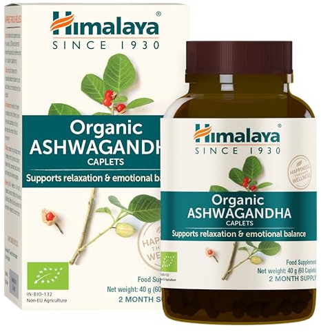 Himalaya Organic Ashwagandha (Indian Ginseng), pflanzliches Ergänzungsmittel für Stressabbau, Energieunterstützung, gelegentliche Schlaflosigkeit, zertifiziert biologisch, vegan, 670 mg, 60 Kapseln