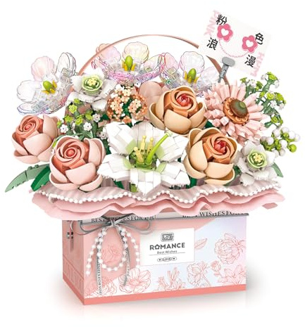 RSDHFLY Kit de modèle de Blocs de Construction pour Bouquet de Fleurs, boîte Cadeau Portable, Bouquet de Rose, bonsaï, Jouet de Construction, Convient aux Adultes et aux Enfants (Rose)