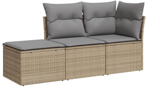 vidaXL Juego de Sofás de Jardín con Cojines 3 pzas, Asientos de Exterior, Sofás Modulares, Conjunto de Muebles de Terraza Balcón, Ratán PE Beige
