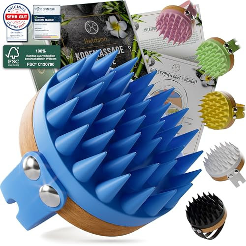 HELDSON® Premium Kopfhaut Massagebürste - FSC®100% - Kopfmassage Bürste - Scalp Massager Brush - Haar Massagebürste Haare - Hair Care Kopfhaut Peeling - Kopf Massage - Scalp Scrub [Kristallblau]