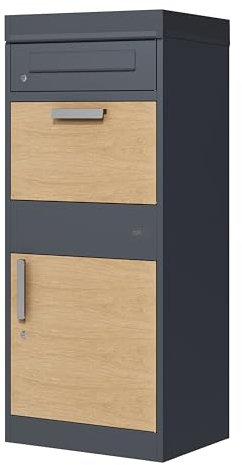 AXI Levi Boîte à Colis en métal Anthracite/Imitation Bois avec jardinière - 50,6 x 38,3 x 117 cm | Boîte aux Lettres pour Colis avec clé | Boite aux Lettre Colis