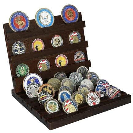 Yallmie 9 Row Challenge Coin Display Stand, Medal Coin Display Case Wood Coin Holder Display Case, Military Coin Holder 9.45X7.48X0.78Inch Medal Display Box Cas for Coins Up To 5 Mm Thick (A)