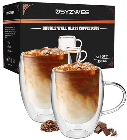 DSYZWEE Latte Macchiato Gläser Doppelwandig, 2Er Doppelwandige Gläser mit Henkel, 350 Ml Doppelglas Cappuccino Gläser aus Borosilikatglas, mit Henkel, für Latte, Iced Americano, Milch