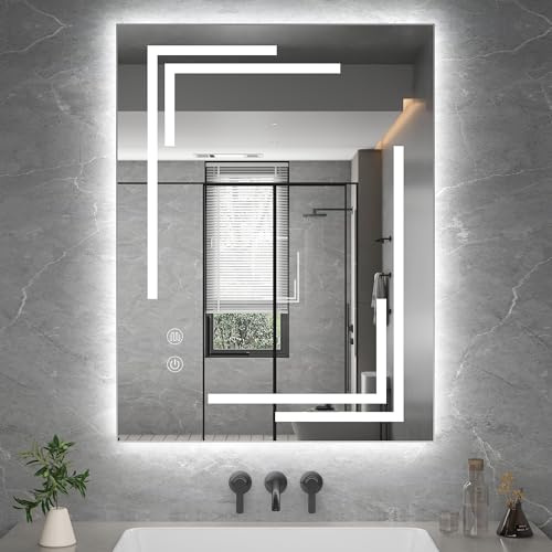 Floisdace 28x36 LED Bathroom Mirror with Lights, Unique Front Light for Bathroom Wall, Memory, 3 Colors Adjustable, Stepless Dimmable Ligh, Led Vanity Mirror for Bathroom, Anti-Fog, Tempered Glass