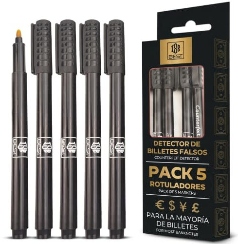 ISP BEST Pack 5pcs Detector de Billetes Falsos Profesional + Guía de Uso Versión 2026 PREMIUM V.5.0 | Bolígrafo Antifraude y Marcador de Seguridad para Euros, Dólares, Libras | Lote de 5 Unidades