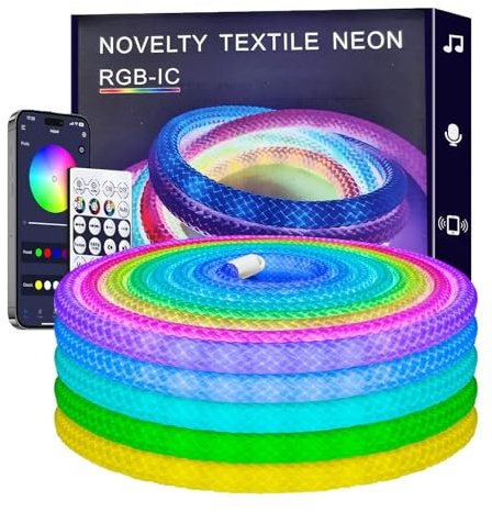 Tira LED Neón RGB IC, Luz de Silicona Flexible con Control de APP Bluetooth y Remoto IR, Luz de Silicona Flexible, Color Mágico para Salón, Dormitorio, Gaming, Fiestas y Decoración Navideña (5M)