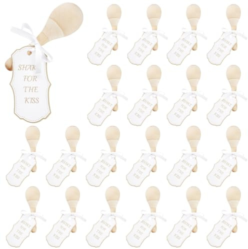 AHANDMAKER 20 Pcs Mini Wooden Maracas for Wedding Wooden Maracas with Ivory Ribbon and Card Tags Wedding Table Favours Musical Instrument for Wedding Mexican Party Props Birthday Carnival