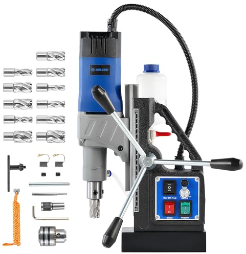 ZELCAN 1550W Trapano a Colonna Magnetico con 11 Punte 13000N Trapano Magnetico a Foratura di 50mm Corsa di 23cm 580 rpm Controllo Reversibile Velocità Continuo per Superfici Metalliche