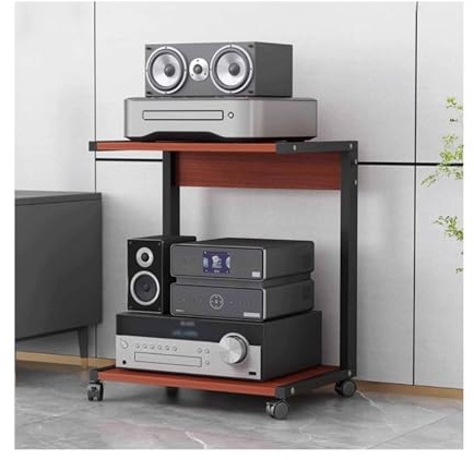 Moderno estante de audio HIFI de 2 niveles con ruedas, soporte de madera para medios AV, gabinete estéreo, consola de juegos, estante de entretenimiento, elegante torre de audio y video (50 x 40 x 60