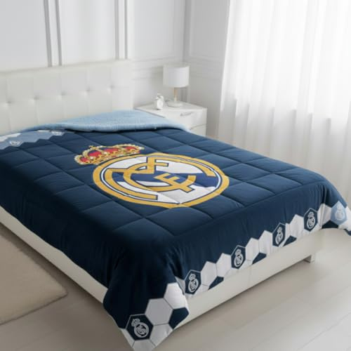 Real Madrid C.F. Edredón Borrego Sherpa Sedalina Aterciopelada con Escudo Centrado para Cama 90-105 cm (180 x 260 cm) Oficial Blanco y Dorado