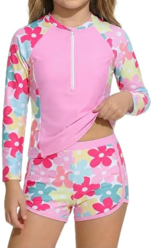 JiAmy Maillot de bain 2 pièces Rashguard pour fille - Manches longues - Protection UV - Avec short - Demi-fermeture éclair - Sirène - Licorne - Flamant rose - Motif floral - 3 à 7 ans