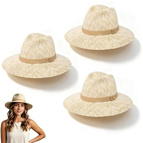 Stickad Fedora-hatt för dam, Vikbar solhatt, Lätt och luftig sommarhatt för strand, semester, resor & vandring(3pcs)