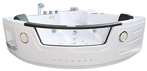 Whirlpool Corner Bath 140 x 140 cm Glass Panel, Lighting FM Radio Taps
