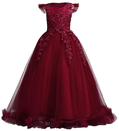 Big Little Girl Princess Embroidery Flower Lace Long A Line Pageant Dress Kids Floor Length Prom First Holy Communion Bowknot Dress Puffy Tulle Maxi Ball Gown for Wedding Party Birthday Red 9-10