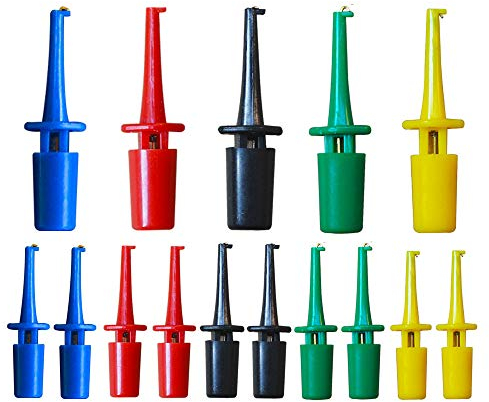 senvenelec 15pcs Multimeter Wire Lead Test Hook Clip Electronic Mini Test Probe Set, Red × 3 Blue × 3 Black × 3 Yellow × 3 Green × 3, For Repair Tool ic hook testing clip - 5 colors.
