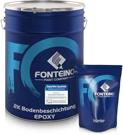Fonteino 2K Epoxidharz Bodenbeschichtung Bodenfarbe Bodenlack für Garage, Keller & Gewerbe – strapazierfähig, chemikalienbeständig & lösungsmittelfrei I Weiß 20KG