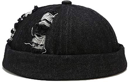 Docker keps för män kvinnor denim kantlösa mössor mössa arbetare sjöman rullad manschett retro hatt med justerbar, DZM67-BK, one size