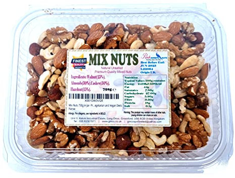 Mix Nuts 750g in Tub- Premium Quality Unsalted Raw Mixed Nuts Including: Walnuts, Almonds, Cashew, Hazelnuts. Suitable for Vegetarian and Vegan Diets