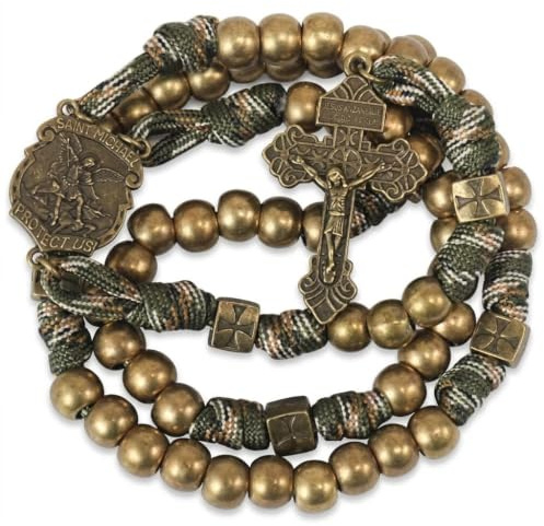 Nazareth Store Antique Bronze Beads Paracord Rugged Rosary Necklace Strong Corded with St.Michael Medal and Pardon Crucifix Antique Bronze St. Michael Paracord Rosary