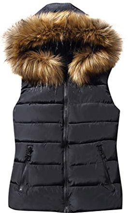 OMZIN Gilet Donna Trapuntato Outdoor Con Cappuccio Colletto Pelliccia Ecologica E Colletto Stand-up Senza Maniche Nero XL