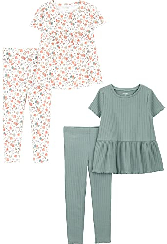 Simple Joys by Carter's Ensemble 4 pièces, vêtements de jeu, hauts à manches longues et pantalons Fille, Lot de 4, Blanc Fleuri/Vert Bouteille, 2 ans