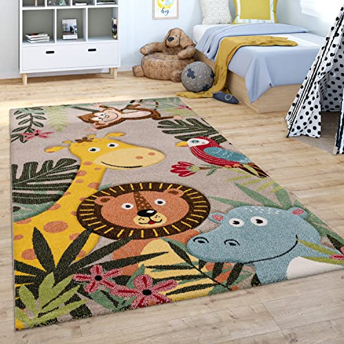 Paco Home Alfombra Infantil Alfombra Habitacion Niño Moderna Motivo Animal Jungla Beige Marron Verde, tamaño:80x150 cm