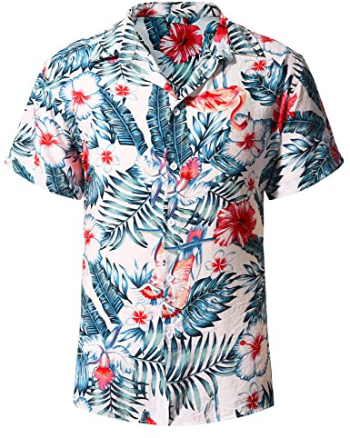 heekpek Chemise Hawaienne Homme Manches Courtes Funky Hawaïenne Chemises Ete Fleur Aloha Imprimé Plage Casual, Fleur Blanc, Taille M