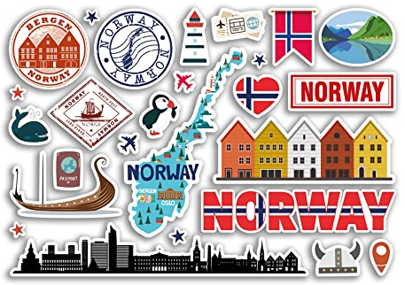 Foglio adesivo A5 Norvegia punti di riferimento adesivi in vinile - mappa norvegese timbro aeroporto, bandiera orizzonte viaggio vacanze paese città estetica #80373