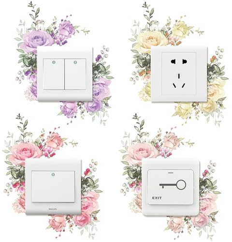 4 PCS Removable Fresh Plants Flower Switch Stickers Peony Rose Leaf Light Switch Decal Socket Decor Light Switch Cover for Kids Girls Bedroom Living Room Nursery Bathroom (B)