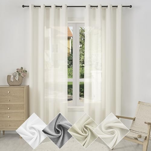 WOLTU Gardine mit Ösen, Vorhang für Wohnzimmer Schlafzimmer, Leinenoptik, Halbtransparent, modern, 135 x 245 cm, Creme