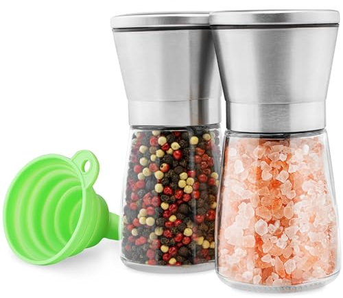 M JINGMEI Gewürzmühle 2er Set mit verstellbarem Keramikmahlwerk - Edle Salzmühle & Pfeffermühle aus hochwertigem Edelstahl - Auch als Chilimühle [Ohne Gewürzinhalt]