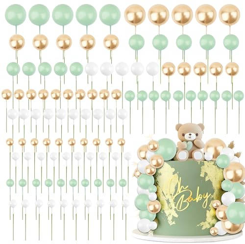 105pcs Décoration de Gâteau Balle Gâteau Cupcake Topper Boule Balloon Mini Topper de Gâteau Joyeux Anniversaire en Mousse Or Vert Blanc pour Mariage Fête Célébration