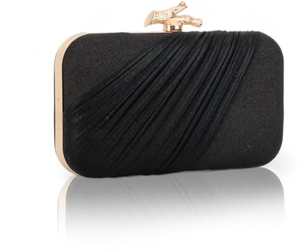 Fecialy Clutch plånböcker för kvinnor kvällsväska plissé satin formell handväska gnistrande axel crossbody väska, svart