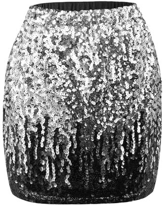 Kefiyis Pailletten Rock Glitzer Rock Damen Elastische Taille Pailettenrock Glitzerrock mit Futter Festival Karneval Party Röcke Silber/Grau/Schwarz M