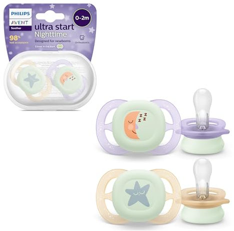 Philips AVENT Ultra Start Schnuller für die Nacht, kiefergerecht geformter Schnuller für Neugeborene, leuchtet im Dunkeln, BPA-frei, mit Sterilisationsbehälter, Doppelpack, Mond,Stern, SCF075/07