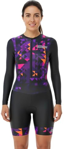 Sikma Ladies Cycling Skinsuit Women Padded One Piece Trisuit Bike Top Short Sublimated Design bib Short Long Sleeves (Purple, Large)