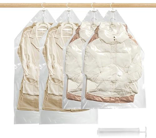 ASelected 4 PCS Hanging Vacuum Storage Bags, Clear Vacuum Bag for Clothes Hanging Clothes Storage Space-saving for Dresses, Suits, Coats or Jackets (2 Long 135x67cm & 2 Short 110x67cm)