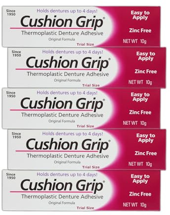Cushion Grip Thermoplastic Denture Adhesive, 0.35 oz Travel Size | Refits and Tightens Loose Dentures On The Go | Non-Glue Adhesive, Acts Like a Soft Reliner (Pack of 5)