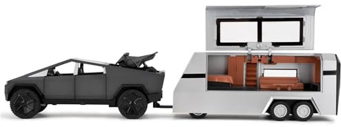 TGRCM-CZ 1/32 Tesla Cybertruck Elektro Pick Up Truck RV Modell Auto mit einem Motorrad, Zink Legierung Pull Back Motorhome Spielzeug Auto mit Ton und Licht für Kinder Jungen Mädchen Geschenk(Grau)