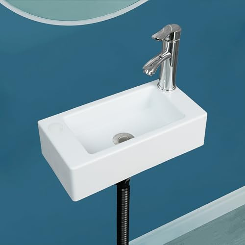 Fregadero de baño pequeño para montaje en pared, instalación sin taladro, fregadero autoadhesivo de 15.74 x 7.87 pulgadas con agujero de grifo de 1.26 pulgadas, mini fregadero de plástico para el