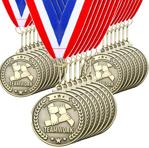 Quelay 30 Pcs Gold Star Awards Medals 2 Ribbons, Teamwork