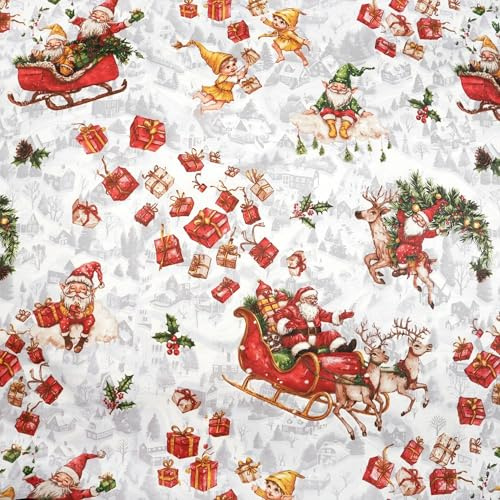 TexTrend Tissu au Mètre - Coton - 1 Mètre 160 x 100 cm - Tissu pour Couture - Enfants - Motif de Noël Pères Noël et Sled