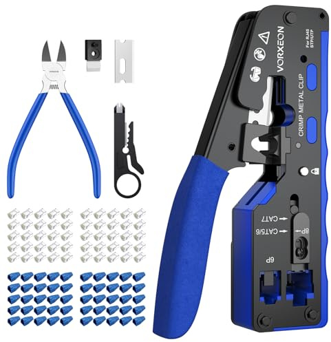VORXEON Kit Pinza Crimpatrice RJ45 8P+6P Categoria 7, Pinzetta Passante con Connettori, Guaina Blu, Mini Spellafili e Taglierino, Strumento Multifunzionale per Cablaggio Residenziale, Ufficio e IT