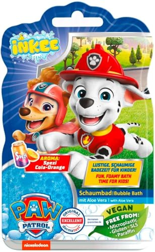 INKEE - Sapone liquido per il bagno Paw Patrol | Additivo per il bagno per bambini, sapone liquido blu Paw Patrol con aloe vera e profumo di cola e arancia, 40 g (Confezione da 5)
