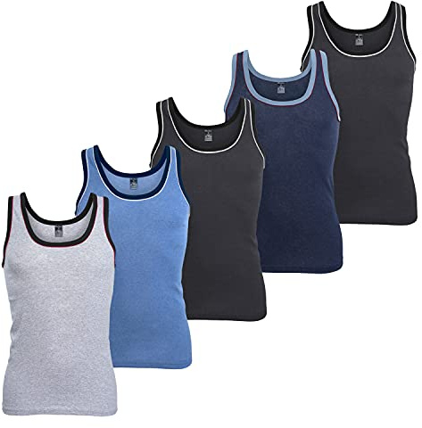 MT Herren Melange Tank-Top (5er Pack) Baumwoll Feinripp Unterhemden ärmellos - 5farb-Pack mit Blau 6 (L)