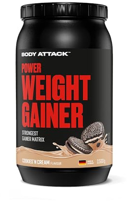 Body Attack Weight Gainer - Cookies n Cream - 1,5 kg - Mass Gainer für Masseaufbau & Muskelaufbau - Mit Whey Protein, BCAA und Kohlenhydraten - Dein fettarmer Masse Shake für hochwertige Kalorien