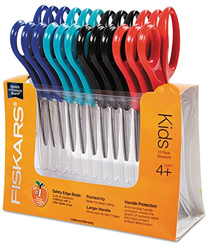 Fiskars 194300 Back to School Supplies Kids Scissors Pointed-tip Bulk, 5 Inch, 12 Pack, Assorted Colors