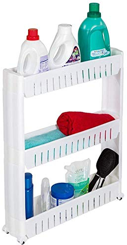 G4RCE 0B-HTJW-5KJ0I Slim Slide Out Kitchen Trolley Storage Shelf Organizer Moving Wall Cabinets Tower Holder Rack on Wheels 3 4 Tier, White / Rolling Pantry Storage