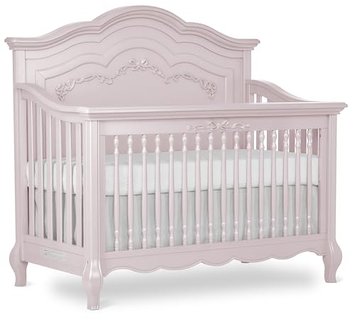 Evolur Aurora 5-in-1 Convertible Full-Size Baby Crib in Dusty Rose, GreenGuard Gold & JPMA, 3 Mattress Heights, Ribbon Bow Scrollwork & Queen Anne Feet, Converts to Toddler, Day & Full-Size Bed