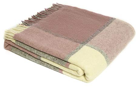 Tweedmill Textiles 100% Pure New Wool Block Check Throw, Charcoal/Dusky Pink, 150x180cm